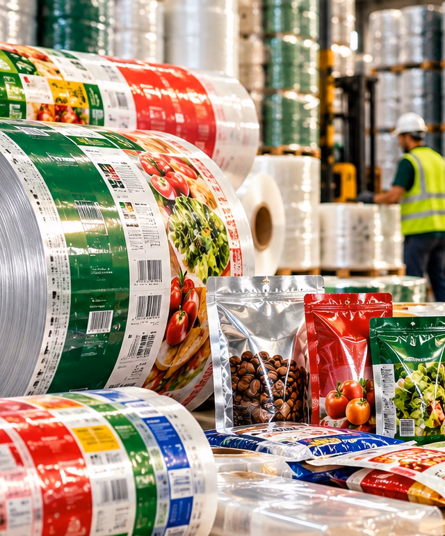 Bobinas gráficas impressas e embalagens flexíveis em armazém industrial